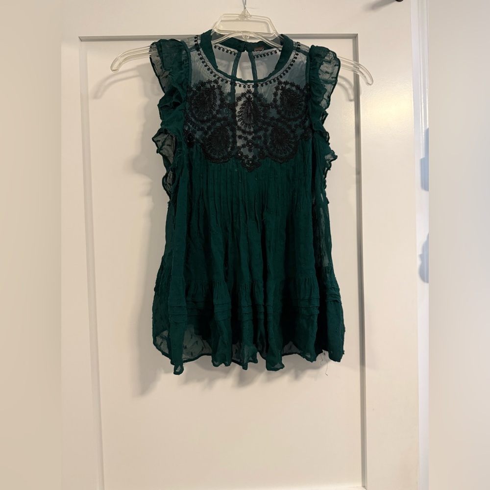 Free People forest green sleeveless sheer top w/ ruffles + mesh (fair condition)